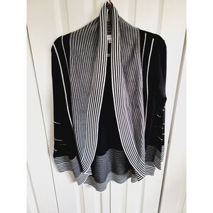 Avenue 14/16 Black White Striped Open Waterfall Front Cardigan Sweater‎ L/S